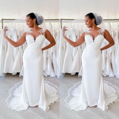 Sexy Mermaid Wedding Dresses Scoop Neck Lace White Ivory Sweep Train Bridal Gown - Image 1 of 4