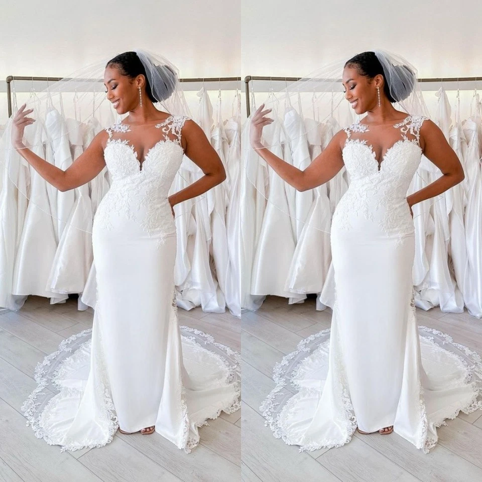 Sexy Mermaid Wedding Dresses Scoop Neck Lace White Ivory Sweep Train Bridal Gown - Image 1 of 4