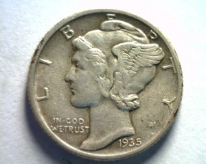 Moneda de diez centavos Mercury 1935 extra fina+ XF+ extremadamente fina+ EF+ bonita original envío 99c - Imagen 1 de 2