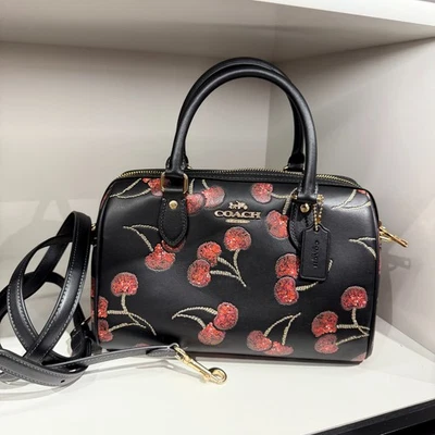 Coach CCZ15 Rowan Satchel Bag in Leather with Cherry Print Black Multi NWT - Image 1 of 4