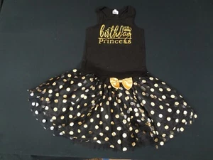 BIRTHDAY PRINCESS TANK TOP AND SKIRT TUTU GOLD BLACK POLKA DOT 5T - Picture 1 of 2