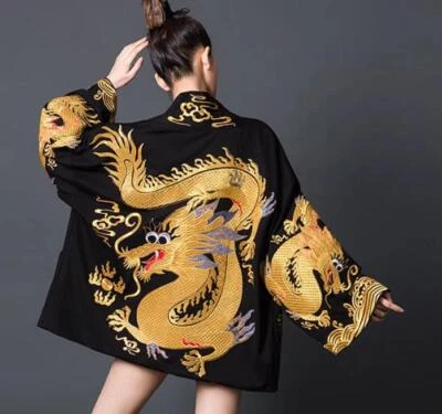 Chinese Embroidery Dragon Robe Stand Collar Silk Coats Womens Jackets Hip Hop - Image 1 of 4
