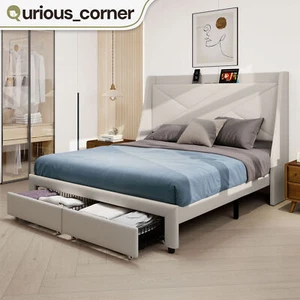 Queen Size Platform Bed Frame w/ Wingback Upholstered Linen Headboard 2 Drawers - Picture 1 of 11