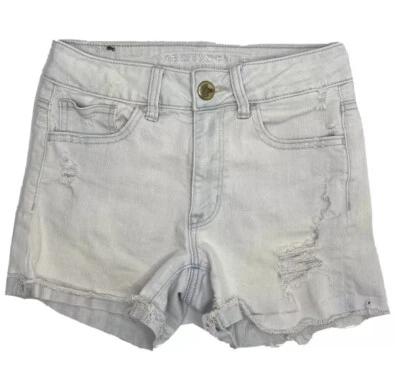 American Eagle Shorts Hi-Rise Shortie Denim Super Stretch Distressed Women Sz 2  - Image 1 of 4