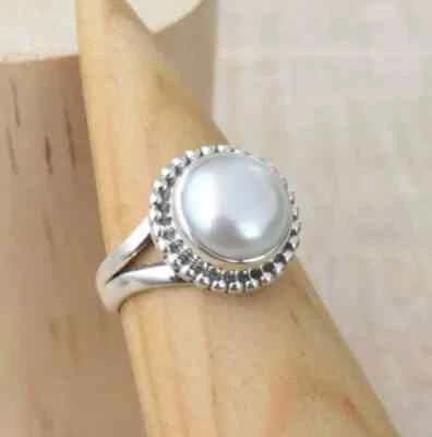 Round Pearl Gemstone Ring 925 Sterling Silver Handmade Women Ring All Size C366 - Image 1 of 4