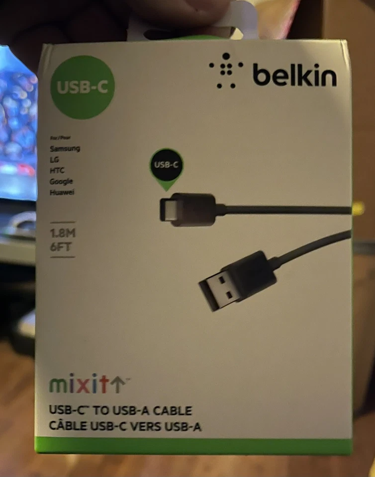 Cable de carga Belkin 2.0 USB a USB C USB para Macbook, disco duro 60 Mb/s 6 pies Foto 1 de 1
