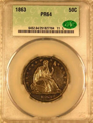 1863 Seated Liberty Half Dollar Silver Proof Certified CACG PR64 Rare Civil War - Image 1 of 4