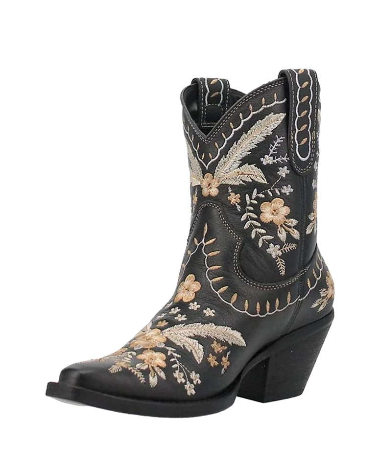 Botas Dingo Mujer Primrose Bordadas Florales Punta Corta Tobillo Tacón Bajo 1-2" Negras Foto 1 de 1