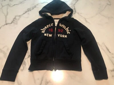 KIDS Vintage Y2K Abercrombie New York Fleece Zip Up Hoodie Size Medium Navy - Image 1 of 4