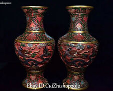 11" Old Wood Lacquerware Painting Qing Dynasty Dragon Play Bead Bottle Vase Pair