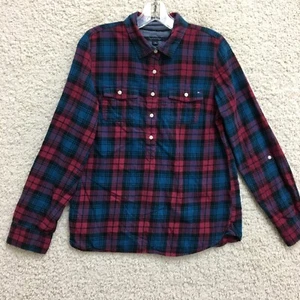 Tommy Hilfiger Top Shirt Medium Adult Red Button Down Plaid Long Sleeve Womens M - Picture 1 of 9