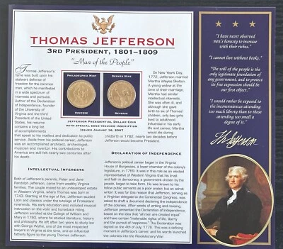 BRADFORD EXCHANGE 2 UNCIRCULATED PRESIDENTAL $1 COINS - THOMAS JEFFERSON 2007 - Image 1 of 4