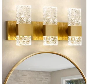 21.3 in. 3-Light Brushed Gold LED Bathroom Vanity Light with Crystal Shade - Picture 1 of 9