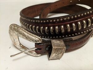 vintage NOCONA buckle belt 36 brown STUDDED leather WESTERN cowboy motorcycle