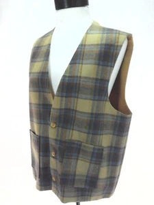 Wool Vest Plaid Vintage Handmade Yellow Blue Brown 3 Button Women's M - Picture 1 of 9