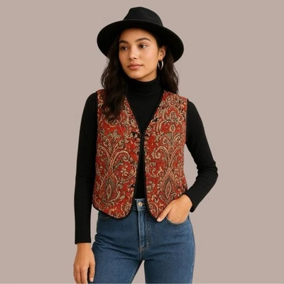Carole Little Quilted Paisley Vest Sz L Boho Artsy Countryside Cottage Layers - Image 1 of 4