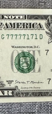 Fancy $1 Uncirculated Six Of A Kind Sevens Binary Note 77777171 Repeater 2017A - Image 1 of 2