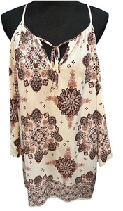 Forever 21 Dress Women's Small Cream/Rust Print Cold Shoulder /Long Sleeve Y2K - Picture 1 of 11