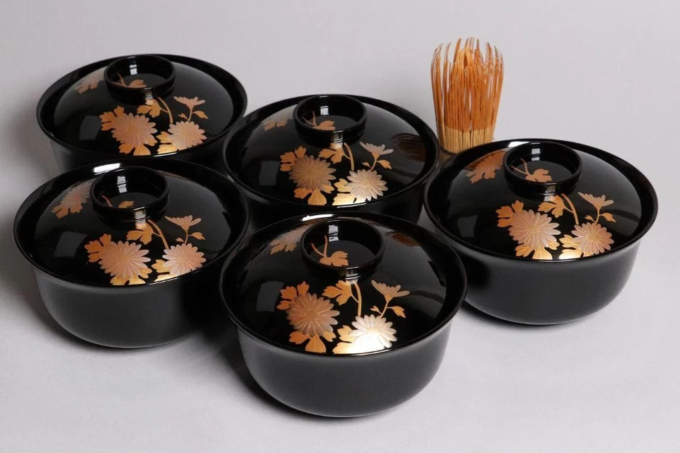 Juego de 5 cuencos de laca japonesa crisantemo negro Maki e tapa Kaiseki Foto 1 de 4