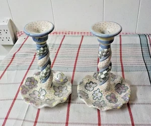2 Vtg MacKenzie Childs Taylor Myrtle Ceramic Twisted Candle Stick Holder 8.5" - Picture 1 of 5