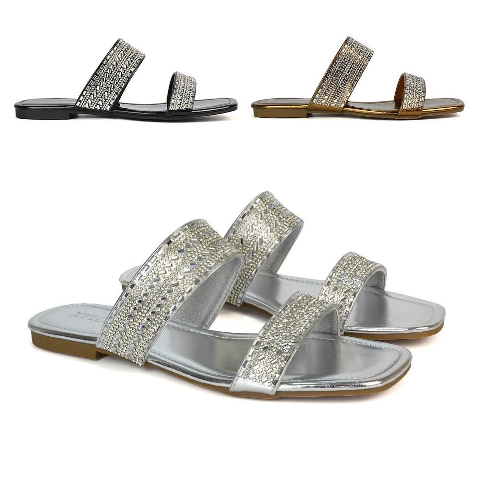 Sandalias planas para mujer Damas Estrás Embellecidas Correas Sin cordones Informales Deslizables Foto 1 de 1