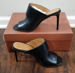 Coach Maple Saddle Semi Matte Leather Black Mule Sandal Heels Studded Size 6.5 B - Picture 1 of 4