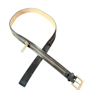 Michael Kors Black Leather Belt Women Size L Gold Zipper Detail Adjustable FLAW - Picture 1 of 12