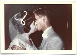 Vintage Old 1950s Wedding Photo of Bride & Groom KISSING Man & Woman Kiss 1959 - Picture 1 of 1