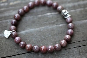 Men's Bracelet with Genuine Ruby Gemstone & Handmade Sterling Silver Skull & Tag - Picture 1 of 7