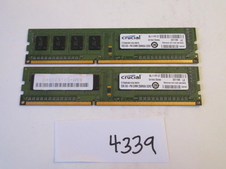 Crucial 2x2Gb=4Gb PC3-10600 1333Mhz DDR3 Desktop Memory RAM (4339) - Image 1 of 2