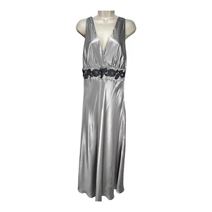 Newport News 100% Silk Dress Sz 10 Silver Maxi Evening Gown Crochet Roaring 20s - Picture 1 of 18