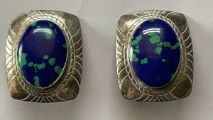 Vintage Sterling Silber Azurit Ohrringe 925 Zargenfassung Inlay oval Western 13,3g - Bild 1 von 3