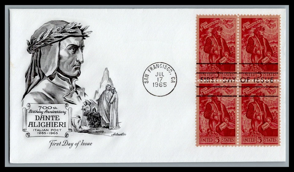 US FDC # 1268 5c Dante Alighieri Artmaster block  1965, 9L448 - Image 1 of 1