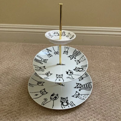3-Tier Cat Dessert Stand Handmade Ceramic Tiered Tray Black & White “Meow” Desig - Image 1 of 4