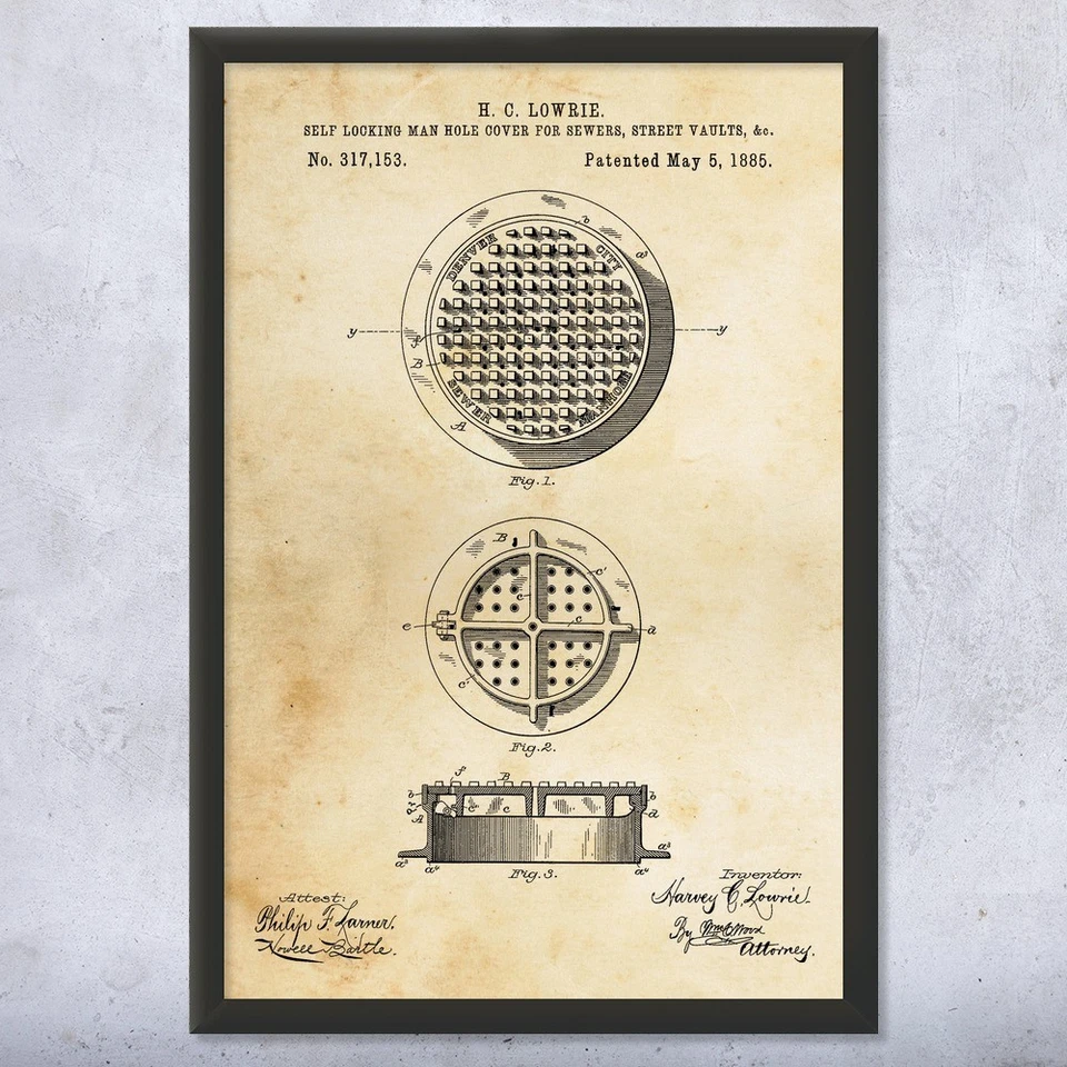 PATENT EARTH Manhole Cover Patent Wall Art: Water Technician, Civil Engineer Gift