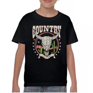 Country Wild Youth T-shirt Vintage Steer Skull Desert Cowgirl Rodeo Kids - Picture 1 of 29
