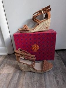 TORY BURCH Bailey Moss Marrón Gamuza Trenzado Tobillo Correa Cuñas Talla 11 - Imagen 1 de 6