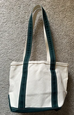 LL Bean Boat and Tote Canvas Bag Small w/Zip Top & Long Handles Green Trim USA - Image 1 of 4