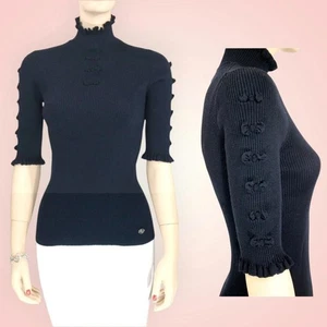 CHANEL CC Navy Blue PARIS-COSMOPOLITE Sweater Top Bow Knit Mock TN 40/Med $2050 - Picture 1 of 8