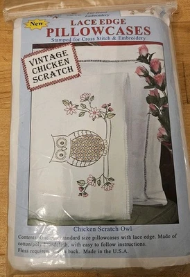 Jack Dempsey Lace Edge Pillowcases Stamp Hand Embroidery  CHICKEN SCRATCH OWLS - Image 1 of 4