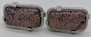 Pair Of Vintage 1" Rectangular Mottled Agate Silver Cuff Links - Picture 1 of 4