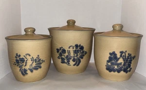3 PC Pfaltzgraff Canisters Jars Set 506 507 508 Folk Art Bird Blue Tan Stoneware - Picture 1 of 17