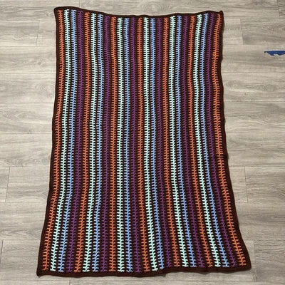 Vtg Hand Crochet Afghan Blanket Throw Multicolored Stripes Retro 60”x43” - Image 1 of 4