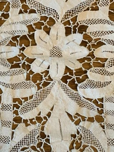 Antique Swiss German Schiffli Eyelet Lace Cotton Table Cloth Runner 44x15” Cream - Picture 1 of 11