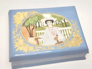 Vtg Porcelain Victorian Style Trinket/Jewelry/Vanity Dish & Lid/ Blue Large 10" - Picture 1 of 11