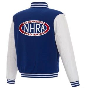 NHRA JH Design two Hit Reversible Fleece Jacket with Faux Leather Sleeves  Royal - Picture 1 of 6