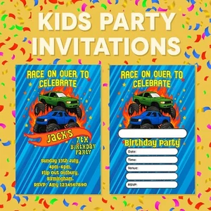 Personalised Monster Truck Car Cars Party Invitations Boys Birthday Invites - Picture 1 of 3
