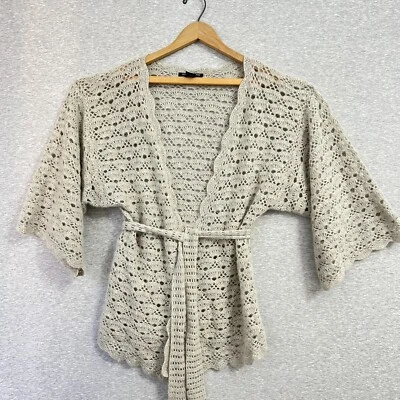 Boston Proper Cárdigan Suéter Mujer S Gris Cinturón Boho Crochet Kimono Abierto Foto 1 de 4