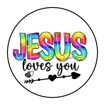 PARTYMOMMY 30 JESUS LOVES YOU STICKERS ENVELOPE SEALS LABELS 1.5" ROUND RELIGIOUS RAINBOW