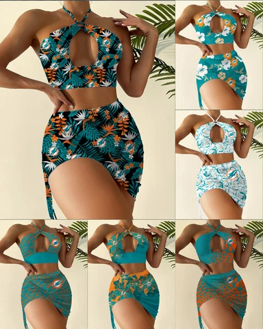 Miami Dolphins Womens 2Pcs Cutout Swimsuit Halter Bikini Set with Cover Up Skirt Cover